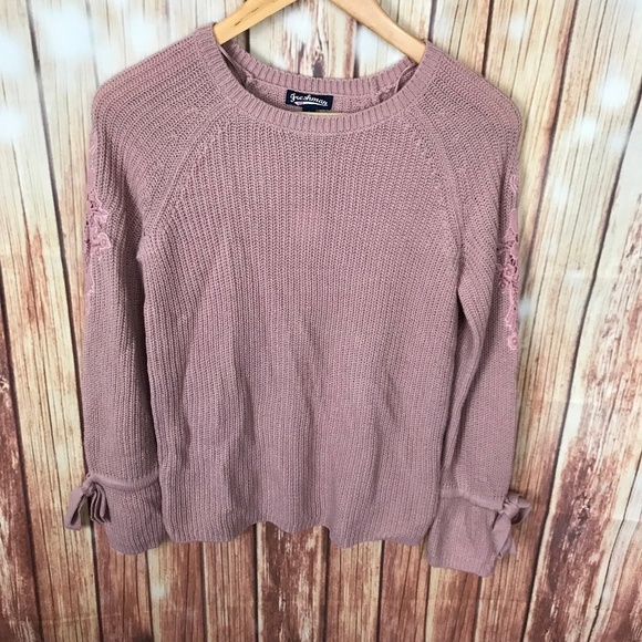 Freshman Knit Sweater Size Small Dusty Pink Mauve Floral Lace Sleeve Tie Crochet - Picture 1 of 7
